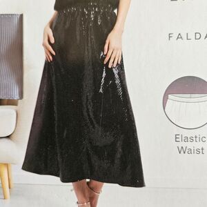 Serra Black Sequin Midi Skirt  Size L NWT Pull-On Elastic WST Holiday Party Glam